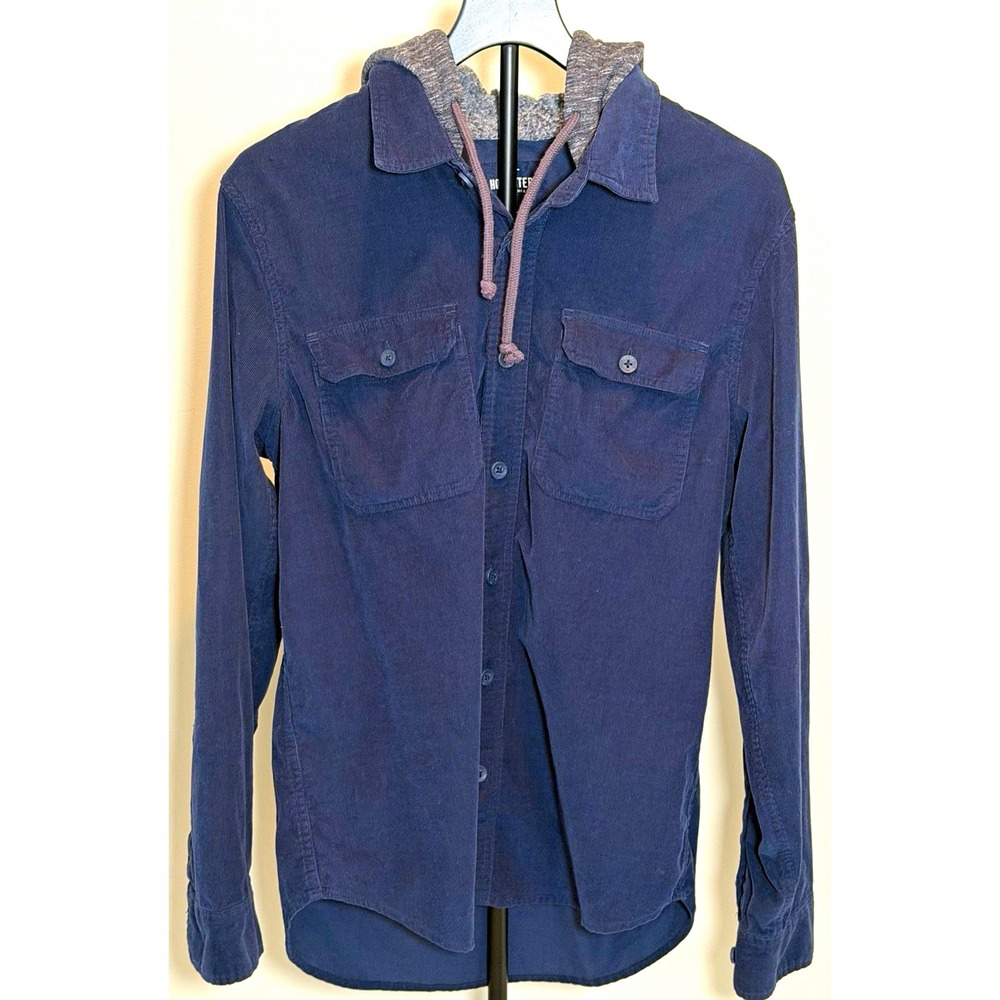 Hollister Men's Corduroy Hooded Button-Up Shirt Long Sleeve Blue L Regular